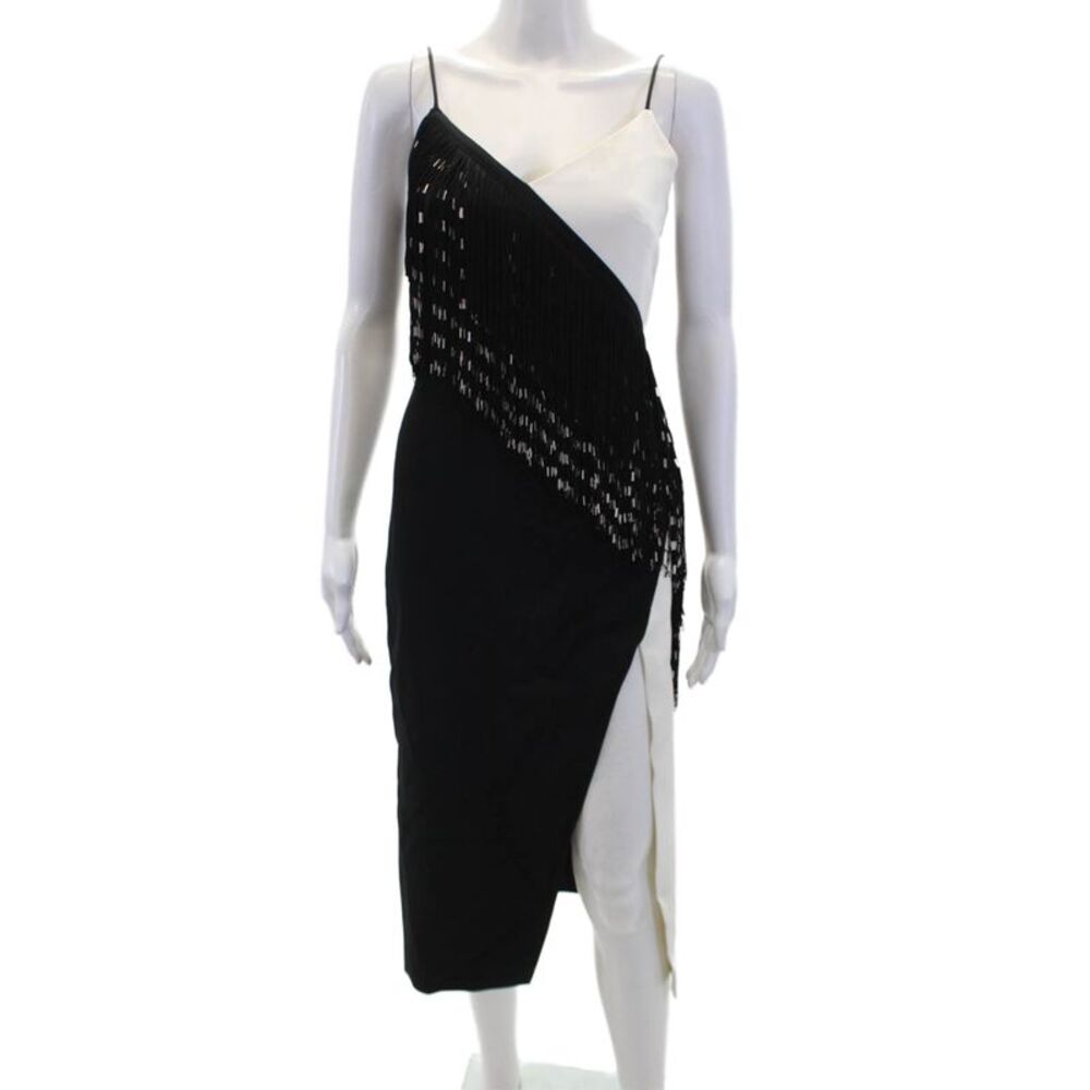 David Koma Womens Asymmetrical Fringe Detail V-Neck Midi Dress Black Size 8